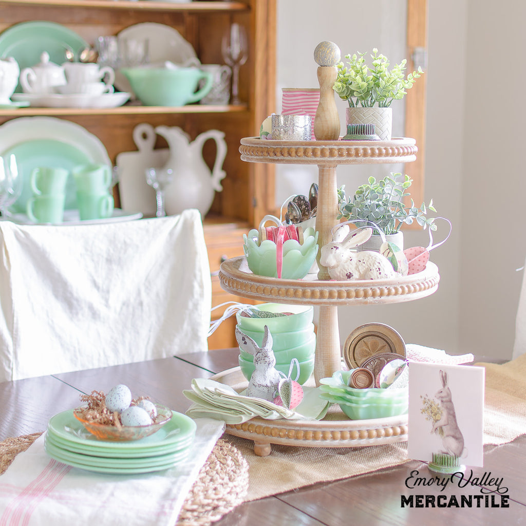 three tier wood tray with vintage jadeite and bunnies for spring