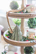three tiered wood stand tray with beaded edge decorated for Christmas