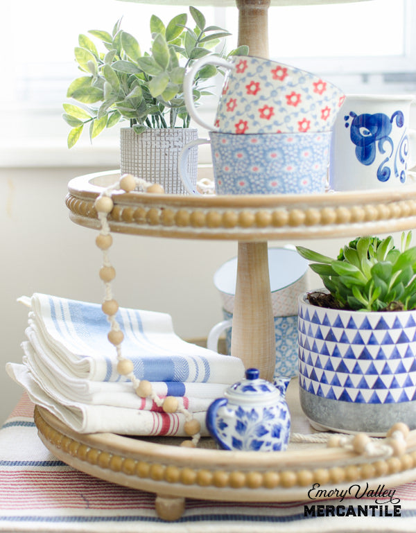 three tiered wood stand tray with beaded edge