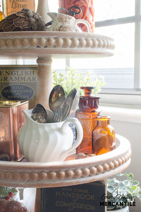 3 tier wood tray stand beaded edge fall decor ideas