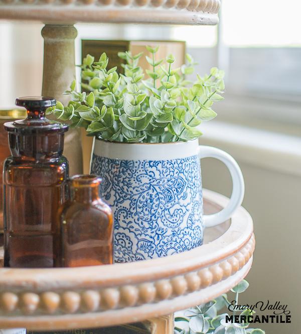 blue and white hand stamped stoneware mug