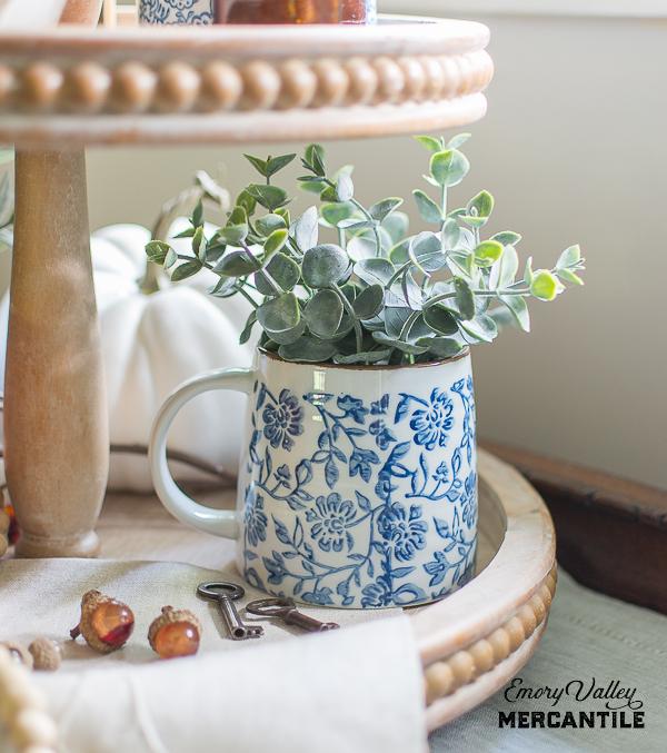 blue and white hand stamped stoneware mug