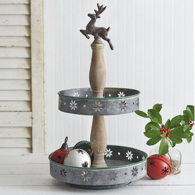 two tier holiday metal and wood tray with reindeer finial