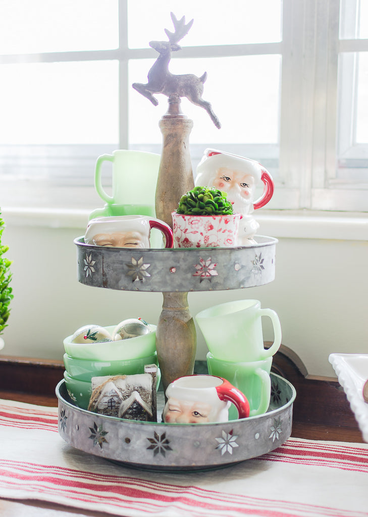 two tier holiday metal and wood tray with reindeer finial