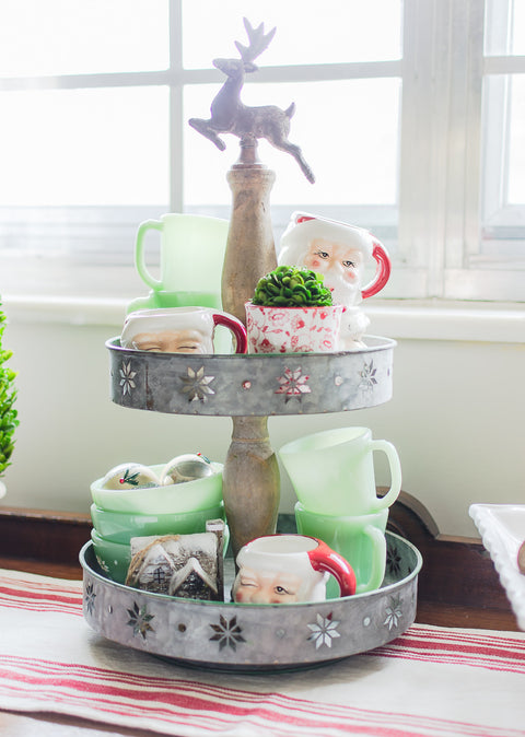 two tier holiday metal and wood tray with reindeer finial