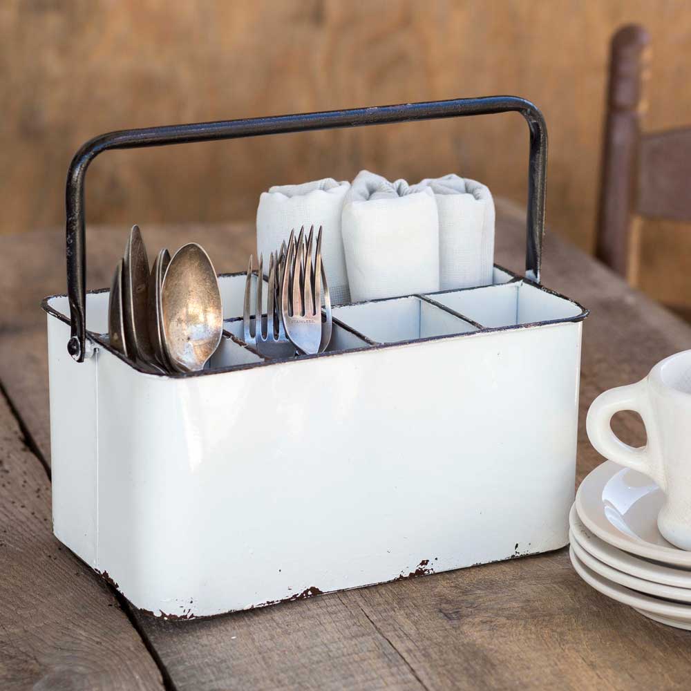 white enamelware caddy
