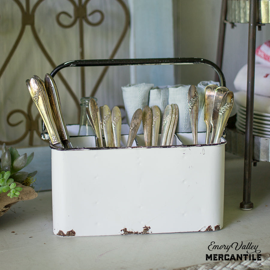 white enamelware caddy