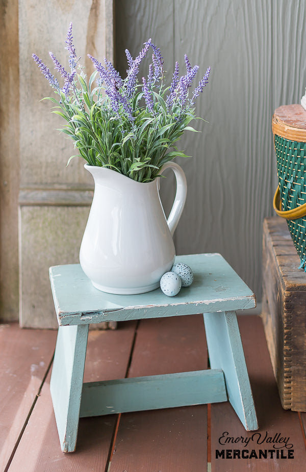 white stoneware pitcher with faux lavender