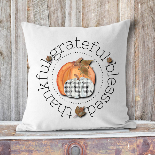 farmhouse fall pumpkin thankful grateful blessed black white throw pillow