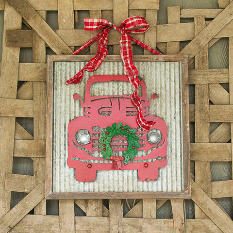 vintage red metal truck Christmas wall art