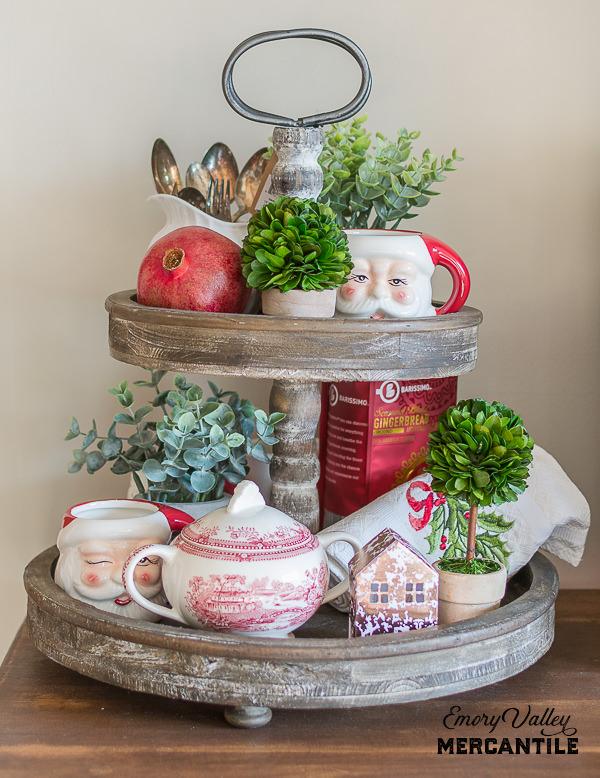 two tier tray with Christmas decor
