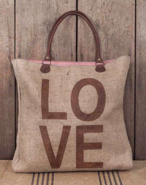 LOVE burlap and leather vintage style tote bag