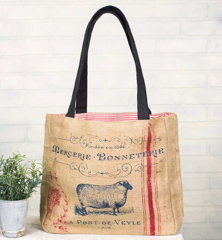 Farmhouse Style Burlap Tote with Sheep