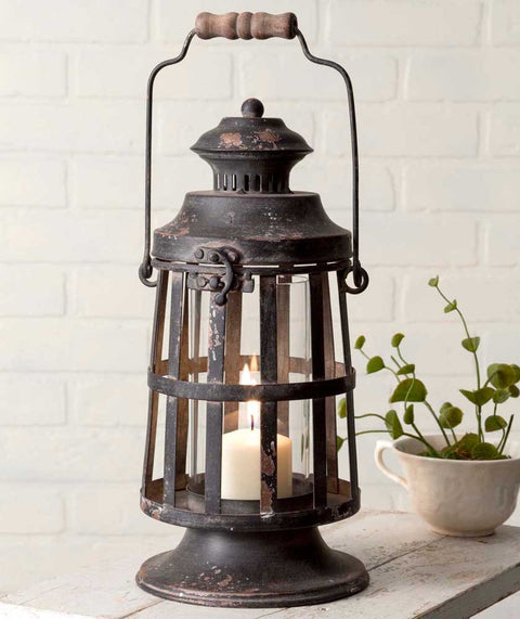 vintage farmhouse style metal candle lantern with wood handle