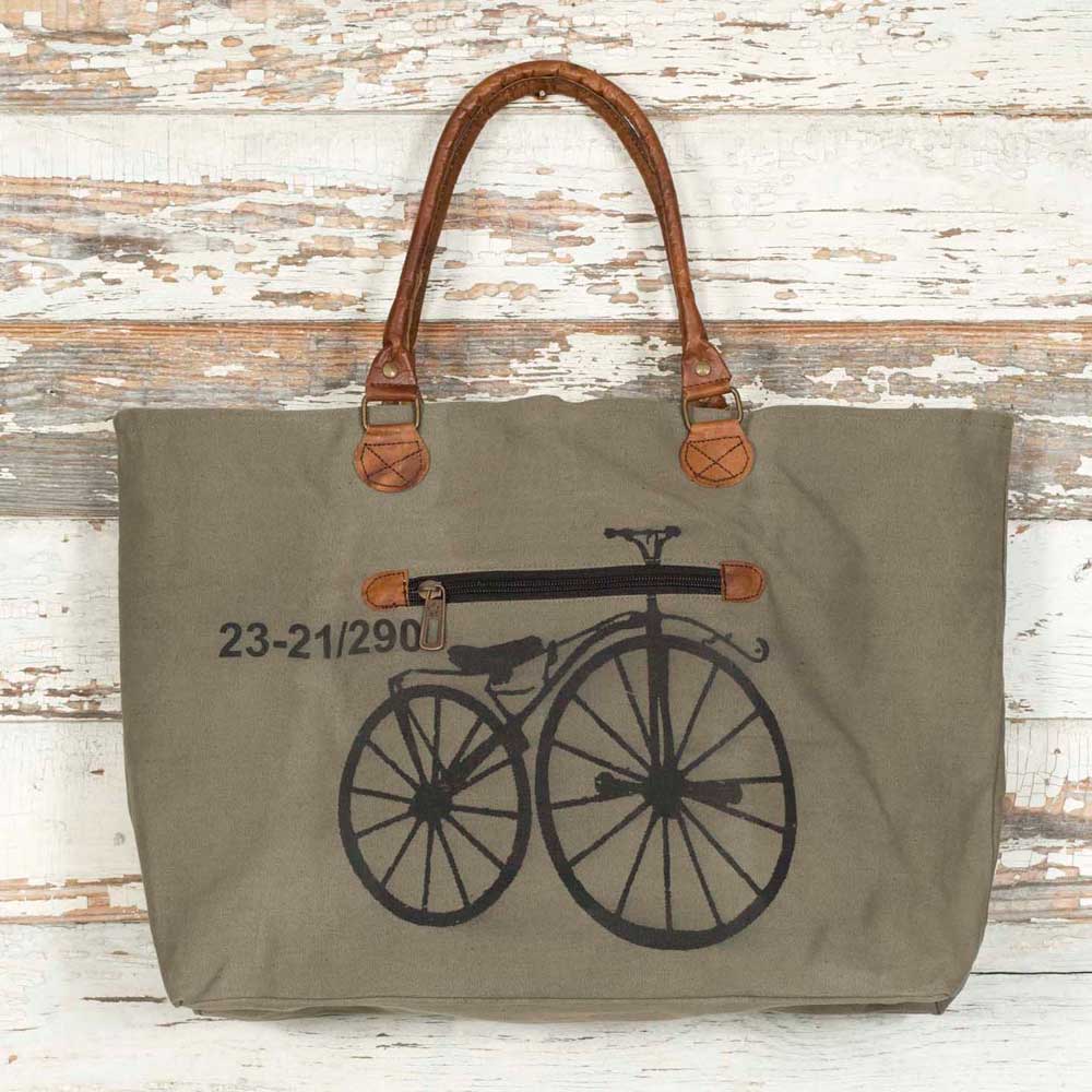 canvas tote bag with vintage bicycle and leather handles