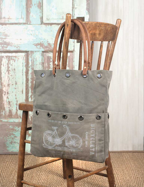 vintage style canvas tote bag with bicycle