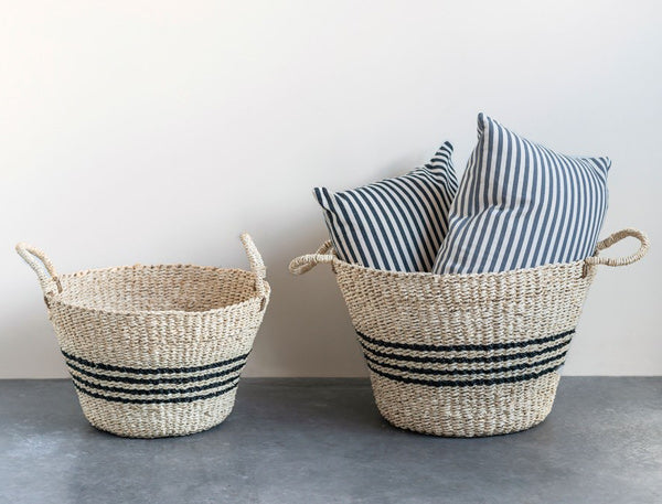 striped woven baskets with handles