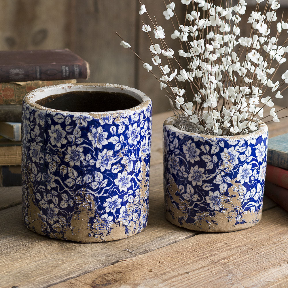 rustic blue and white floral ceramic planters