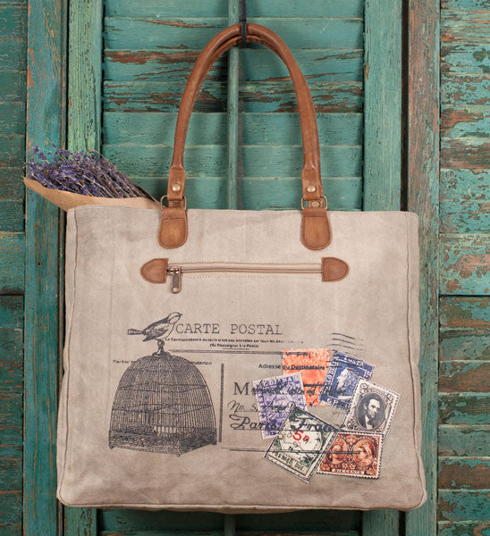 vintage style canvas and leather carte postal tote bag