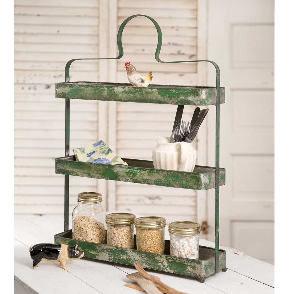 Brittany Distressed Green Metal 3 Tier Standing Shelf