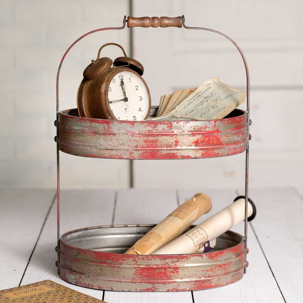 distressed red metal 2 tiered caddy