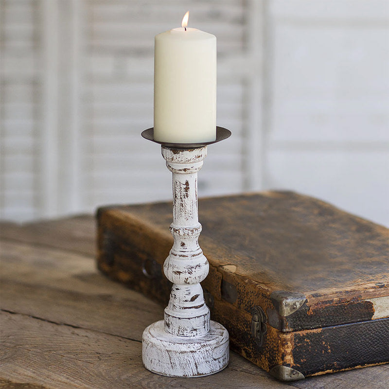 distressed white wooden candle holder
