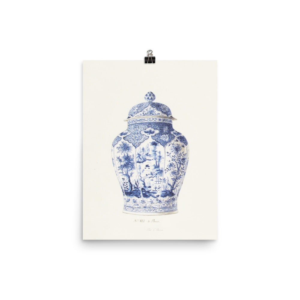 Antique Chinoiserie Blue and White Ginger Jar Watercolor Art 18th century reproduction