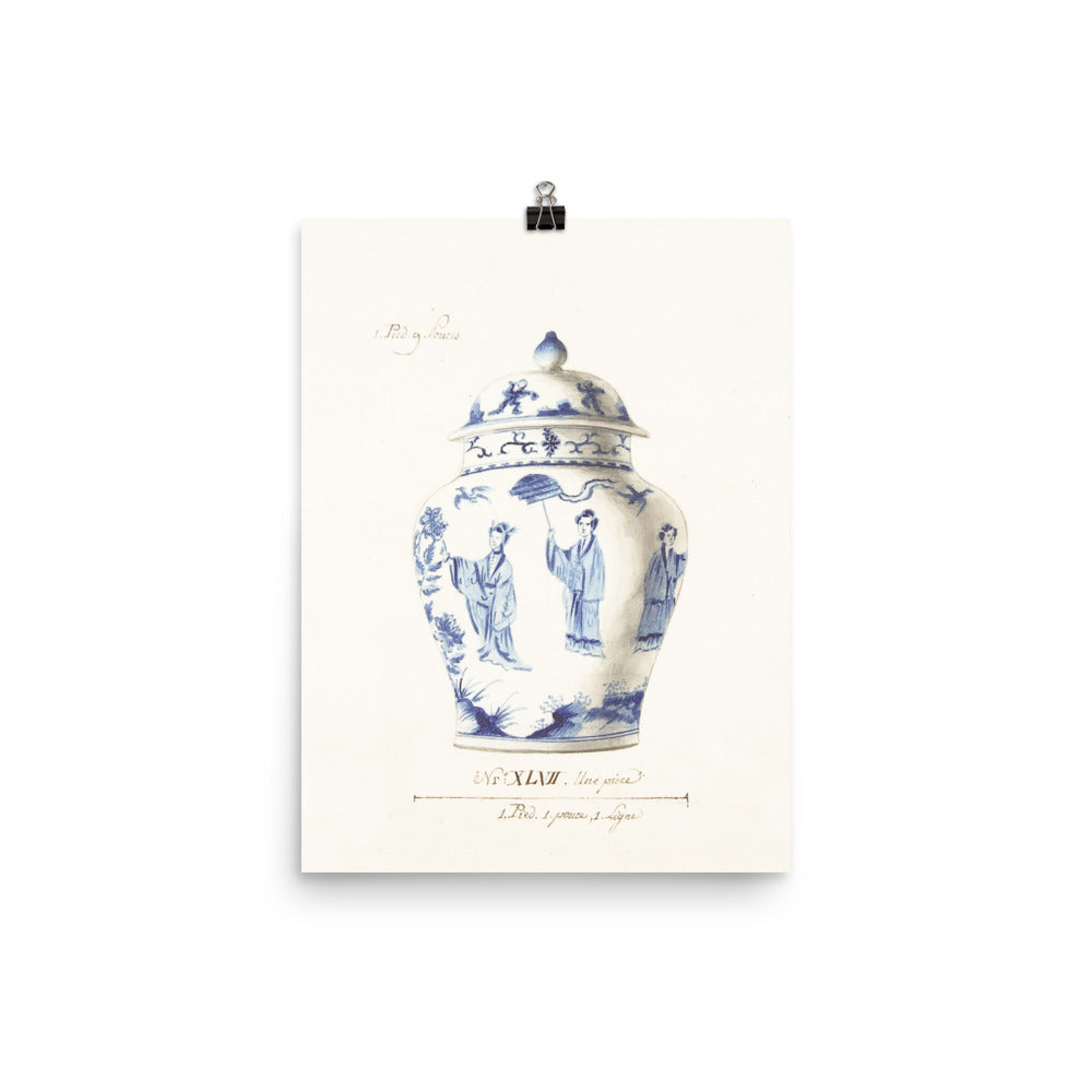 Antique Blue and White Ginger Jar Watercolor Art 18th century reproduction