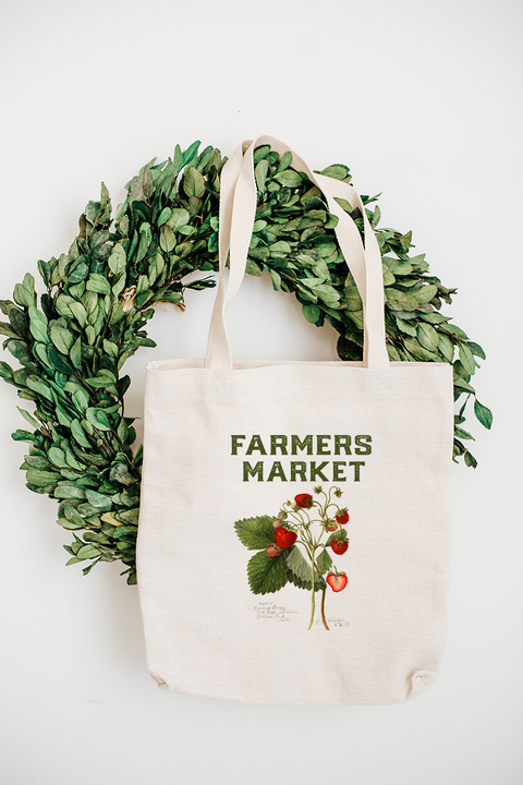 canvas farmers market bag with vintage strawberry illustration