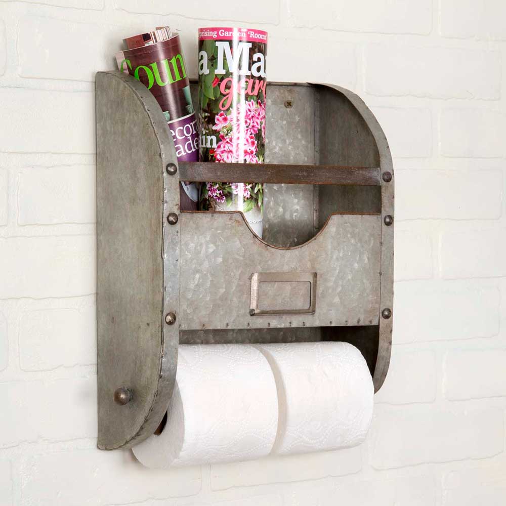 Rebecca Farmhouse Style Galvanized Metal Toilet Paper Holder and Magazine Rack