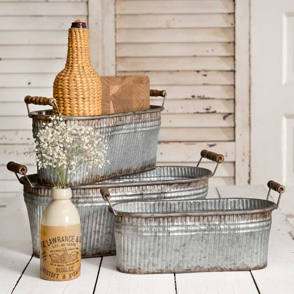 Farmhouse Style Corrugated Metal Oval Storage Bins with Wood Handles, Set of 3