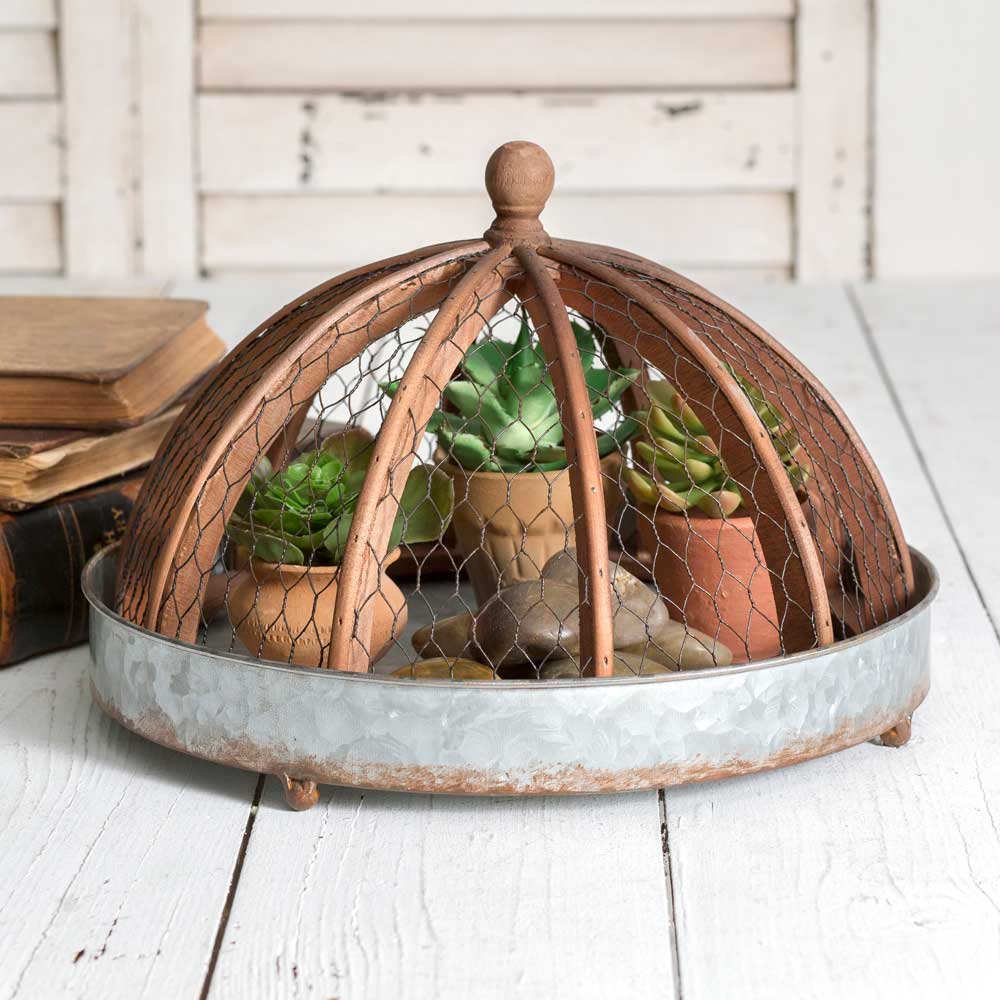 galvanized round tray with wire and wood cloche