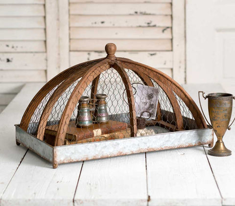 galvanized tray with wire and wood cloche
