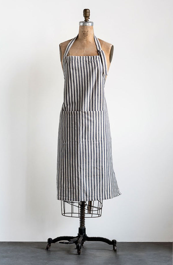 cotton gray striped apron with pockets