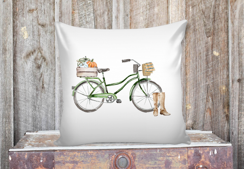 green fall watercolor bicycle with pumpkins pillow