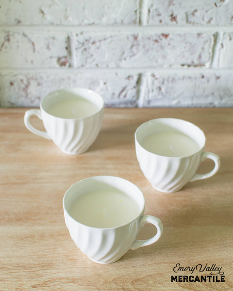hand poured soy candle in vintage white ironstone teacup
