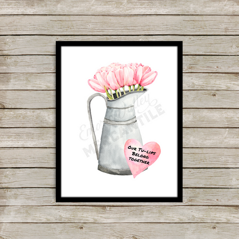 watercolor pink tulips in a watering can valentine's printable art
