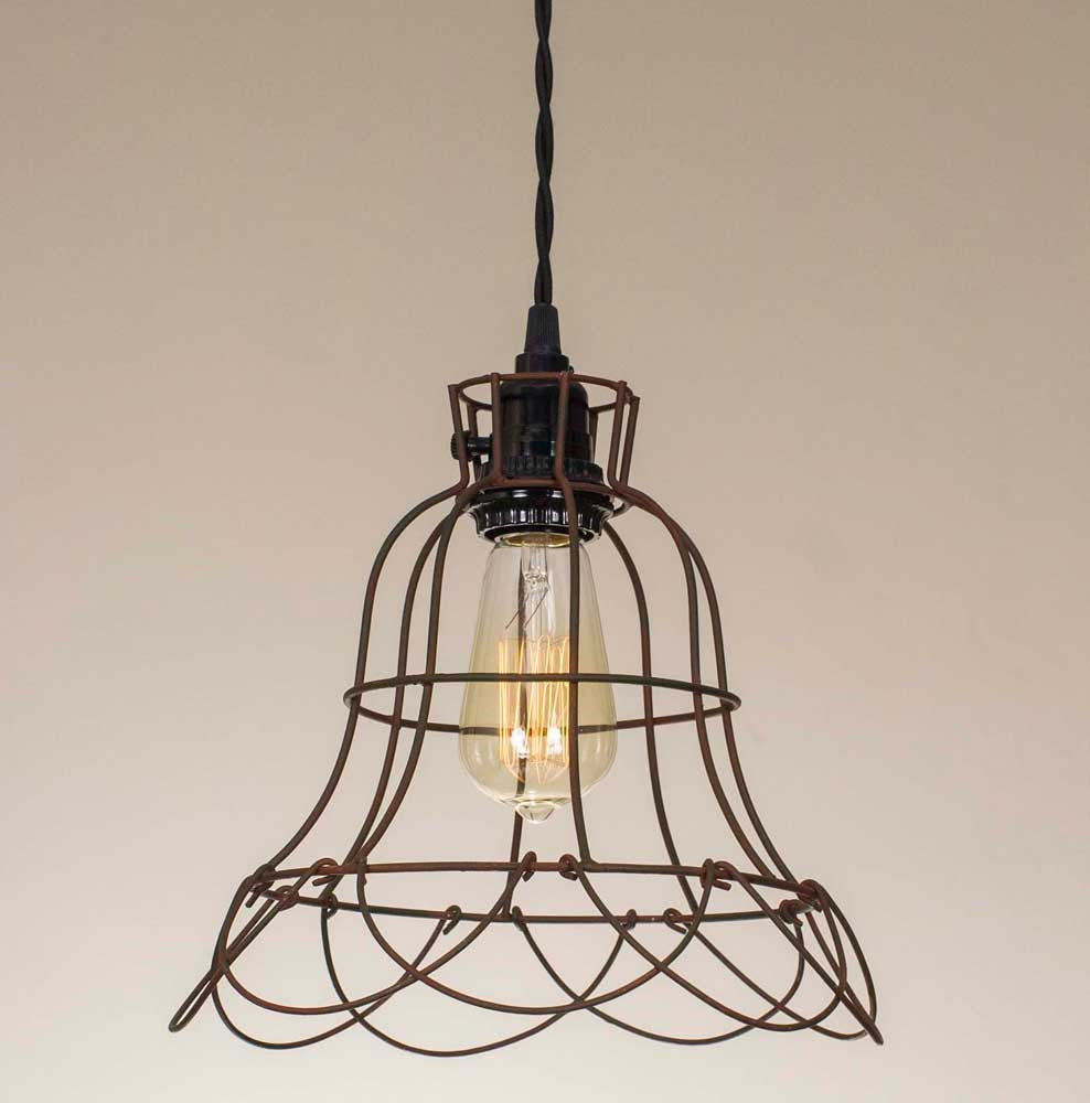 farmhouse style wire cage pendant light with rust finish