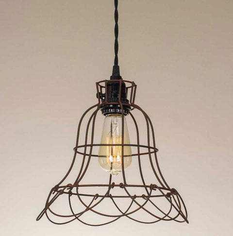 farmhouse style wire cage pendant light with rust finish