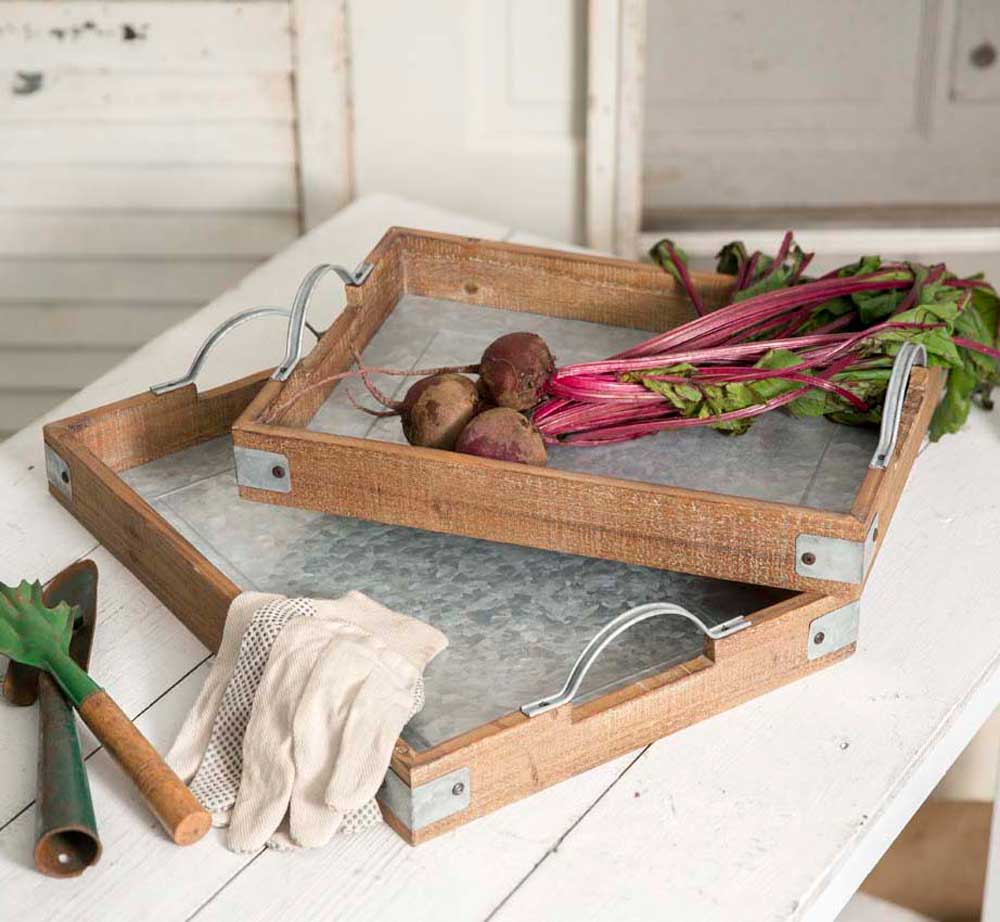 modern farmhouse metal and wood trays with handles
