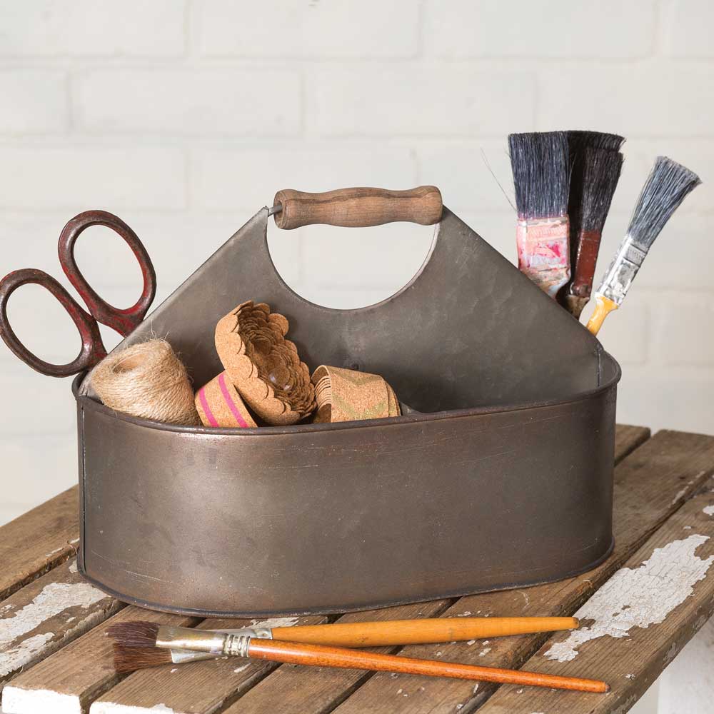 farmhouse style metal caddy with wood handle