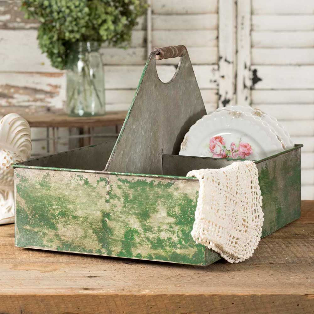 Green Metal farmhouse caddy with handle
