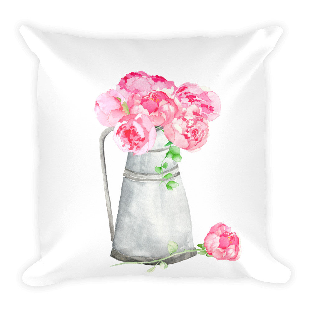 Watercolor Pink Peonies in Metal Watering Can 18" Square Throw Pillow