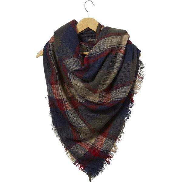 Navy blue, red, and gray plaid blanket scarf