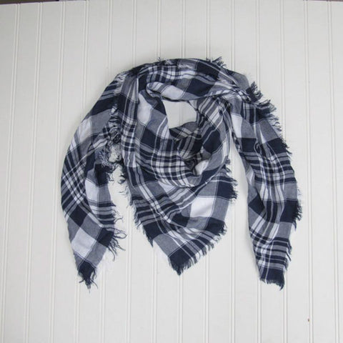 Navy blue and white plaid scarf