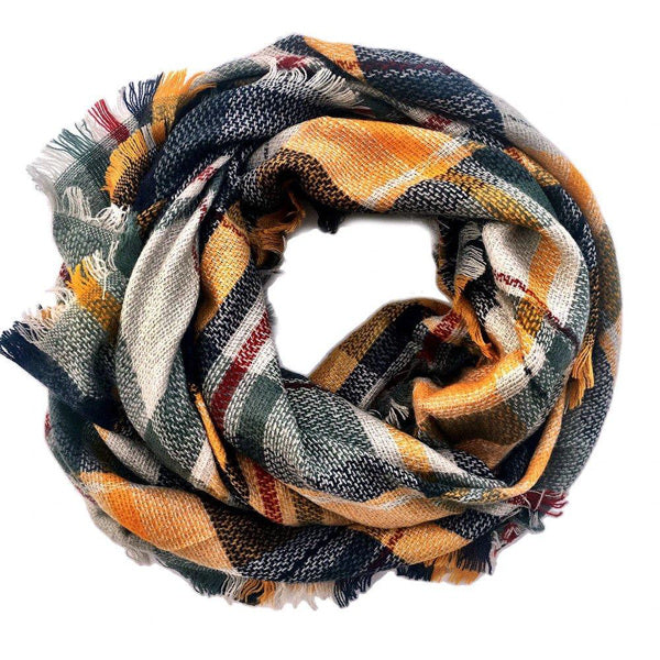 navy blue, gold, and green blanket scarf