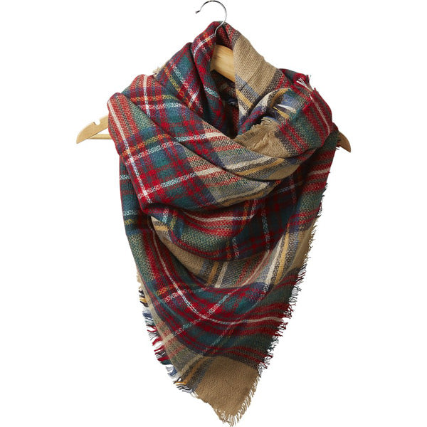 red, green, and tan plaid blanket scarf