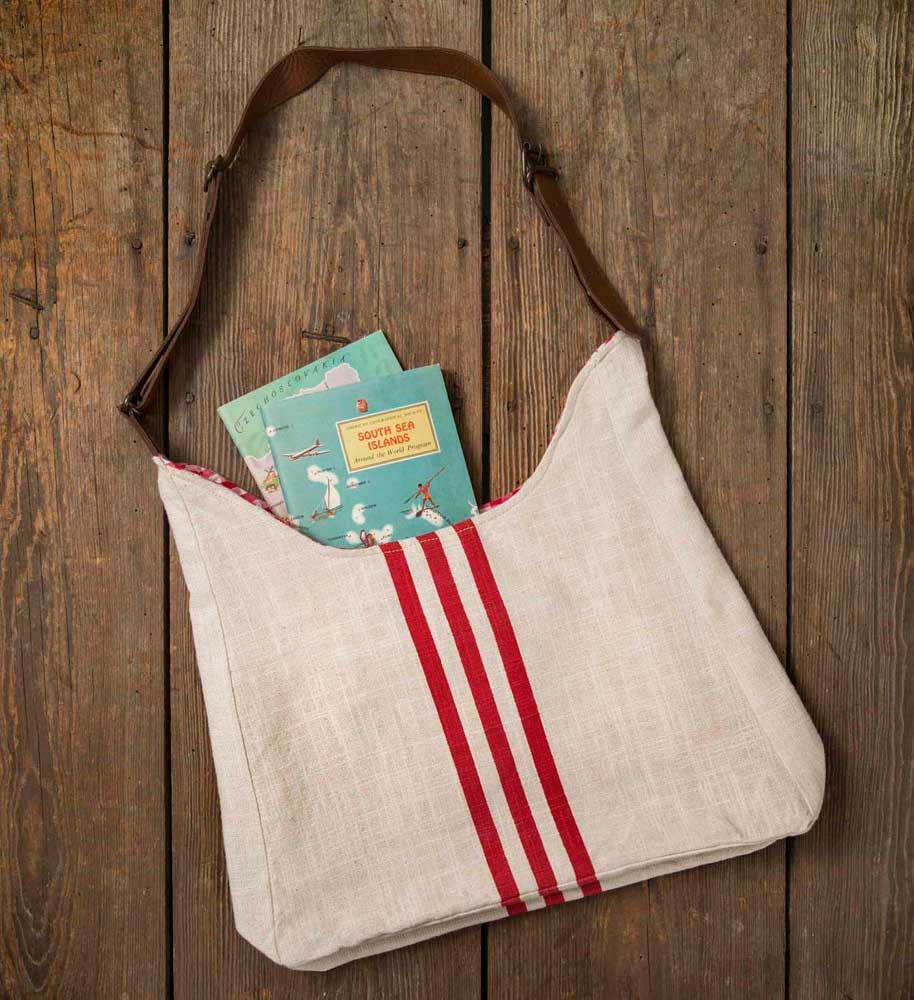 Vintage style red stripe grain sack tote bag