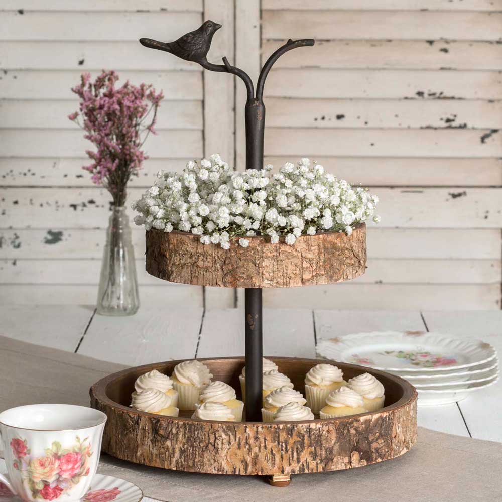rustic birch and metal tiered tray stand with bird handle