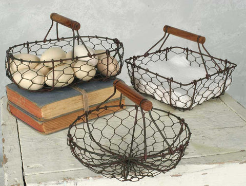 farmhouse style wire basket with wood handle